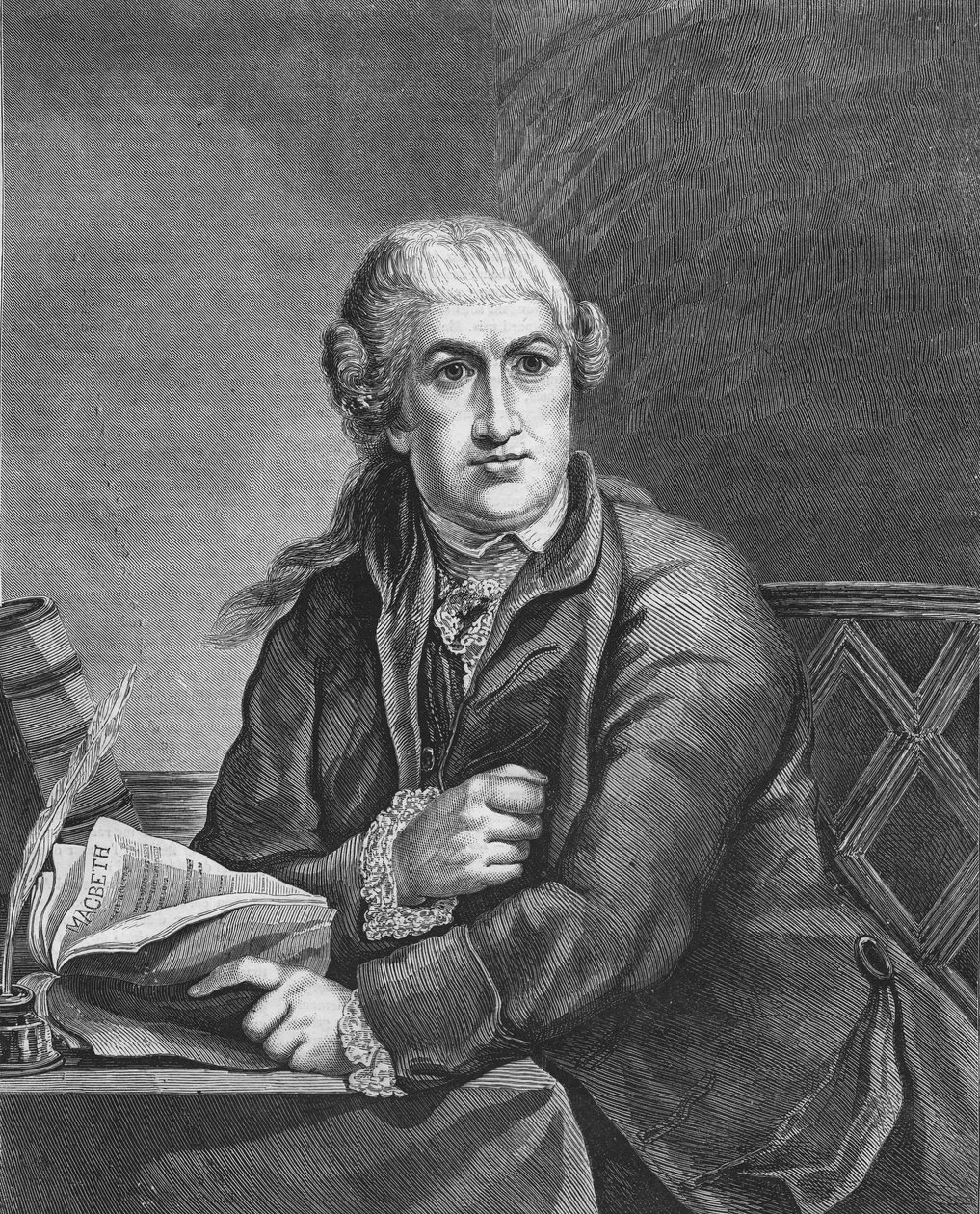 David Garrick brit színész (1717 - 1779), aki Shakespeare Macbethjének szerepét tanulmányozza; 19. századi metszet, Robert-Edward Pine festménye alapján. Bianchetti kollekció. alkotó: Robert Edge (after) Pine