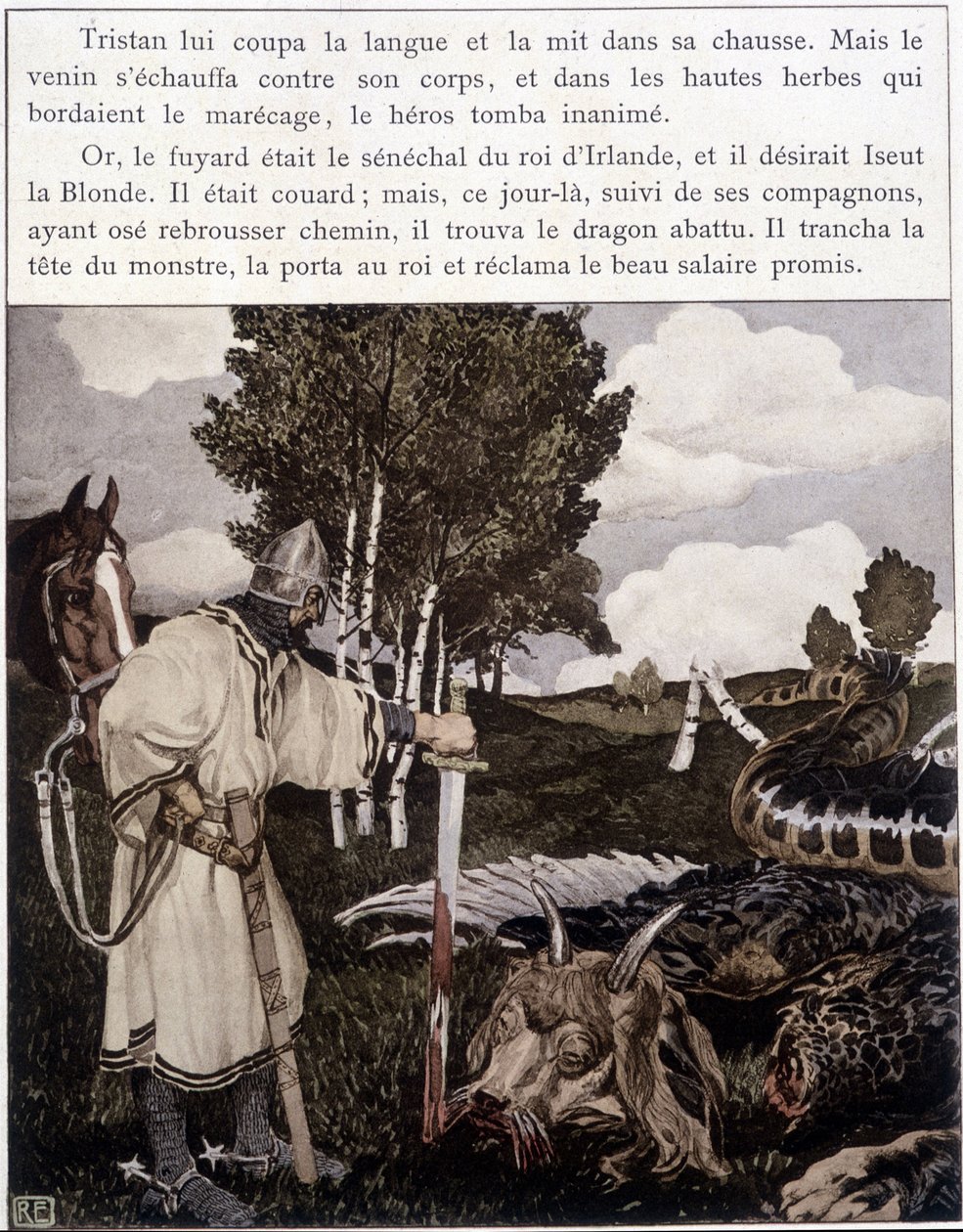 Tristan a halott sárkány közelében - Bédier ill. „” Le Roman de Tristan et Iseult” című könyvében. Robert Engels, szerk. Művészet, Párizs alkotó: Robert Engels