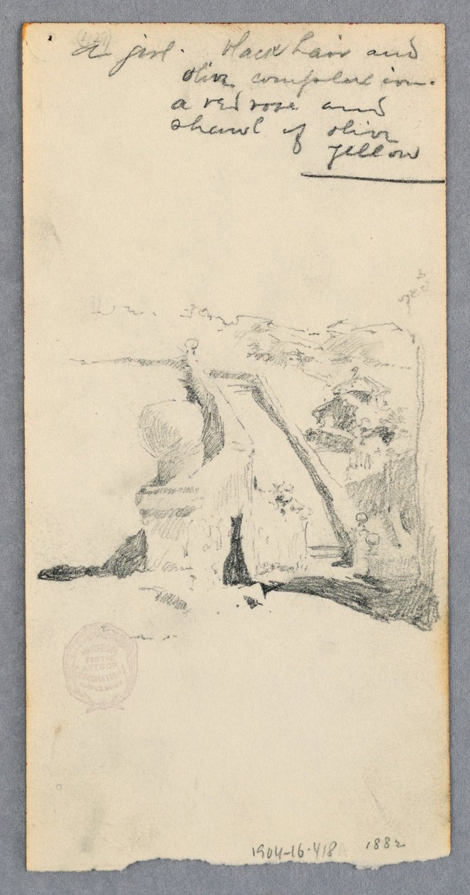 Rajz, Kilátás egy magaslatról a városra (recto); nő kezében egy üveggel (verso), 1882 alkotó: Robert Frederick Blum