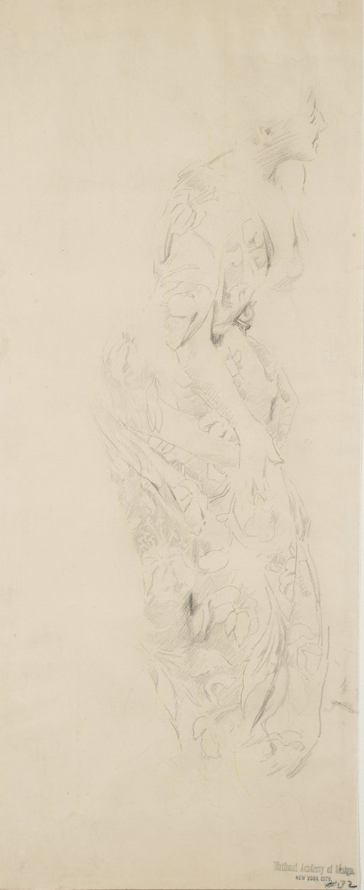 Vázlat egy nőről virágmintás ruhában, esetleg Moods to Music falfestményhez, 1893-98 (grafit és sárga ceruza szőtt papíron) alkotó: Robert Frederick Blum