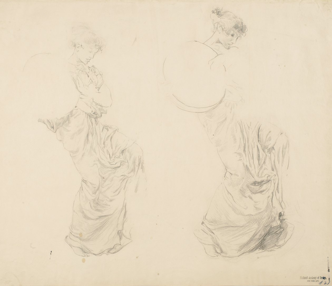 Tanulmány két női alakról a Moods to Music falfestményhez, 1893-95 (grafit, piros ceruzával, szőtt papíron) alkotó: Robert Frederick Blum