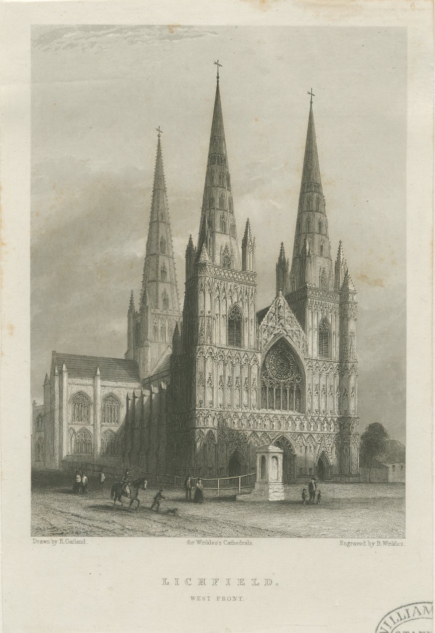 Lichfield katedrális – nyugati front: acélmetszet, nd [c 1835-1842] (nyomtatás) alkotó: Robert Garland