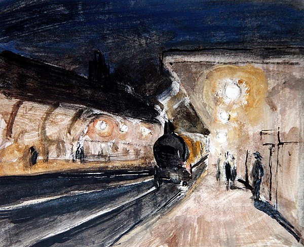 Brentwood Station, 1920 körül (ceruza, tus, akvarell és testfesték papíron) alkotó: Robert Graham Dryden Alexander