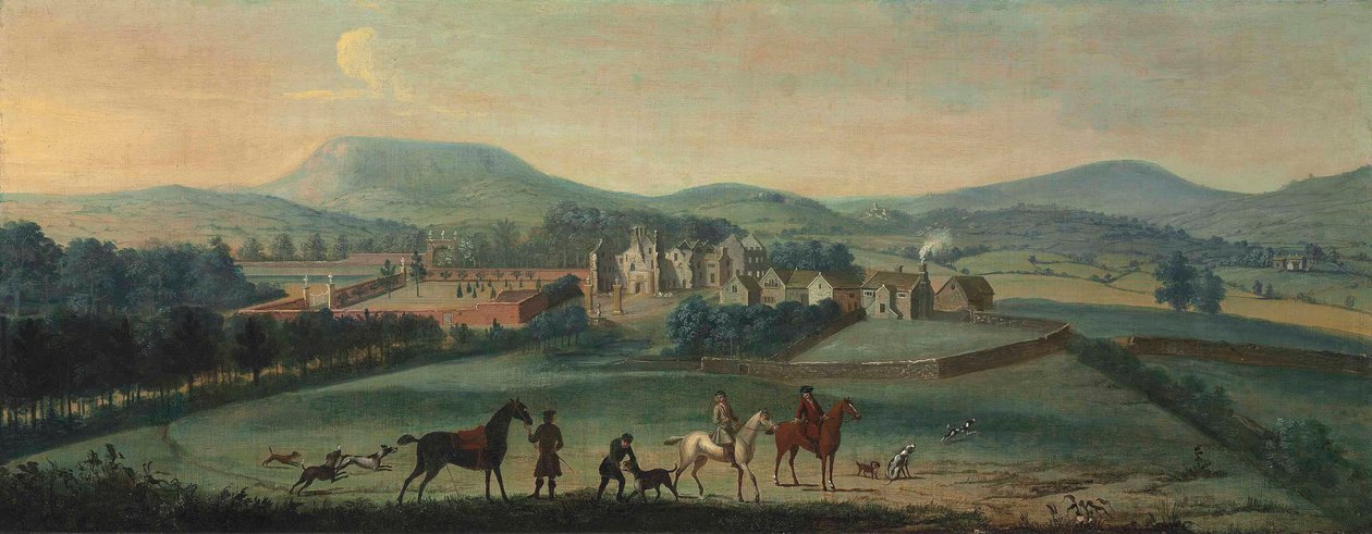 Kilátás a yorkshire-i romos Westby Hallra, egy vadásztársasággal az előtérben alkotó: Robert Griffier