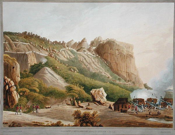 Sewandroog északi látképe a támadással 1791 decemberében, illusztráció a "Twelve Views of Mysore, the Country of Tipoo Sultan" című, J.W. Edy által metszett és színezett, 1804-ben kiadott műből (színes aquatinta). alkotó: Robert H. (after) Colebrooke