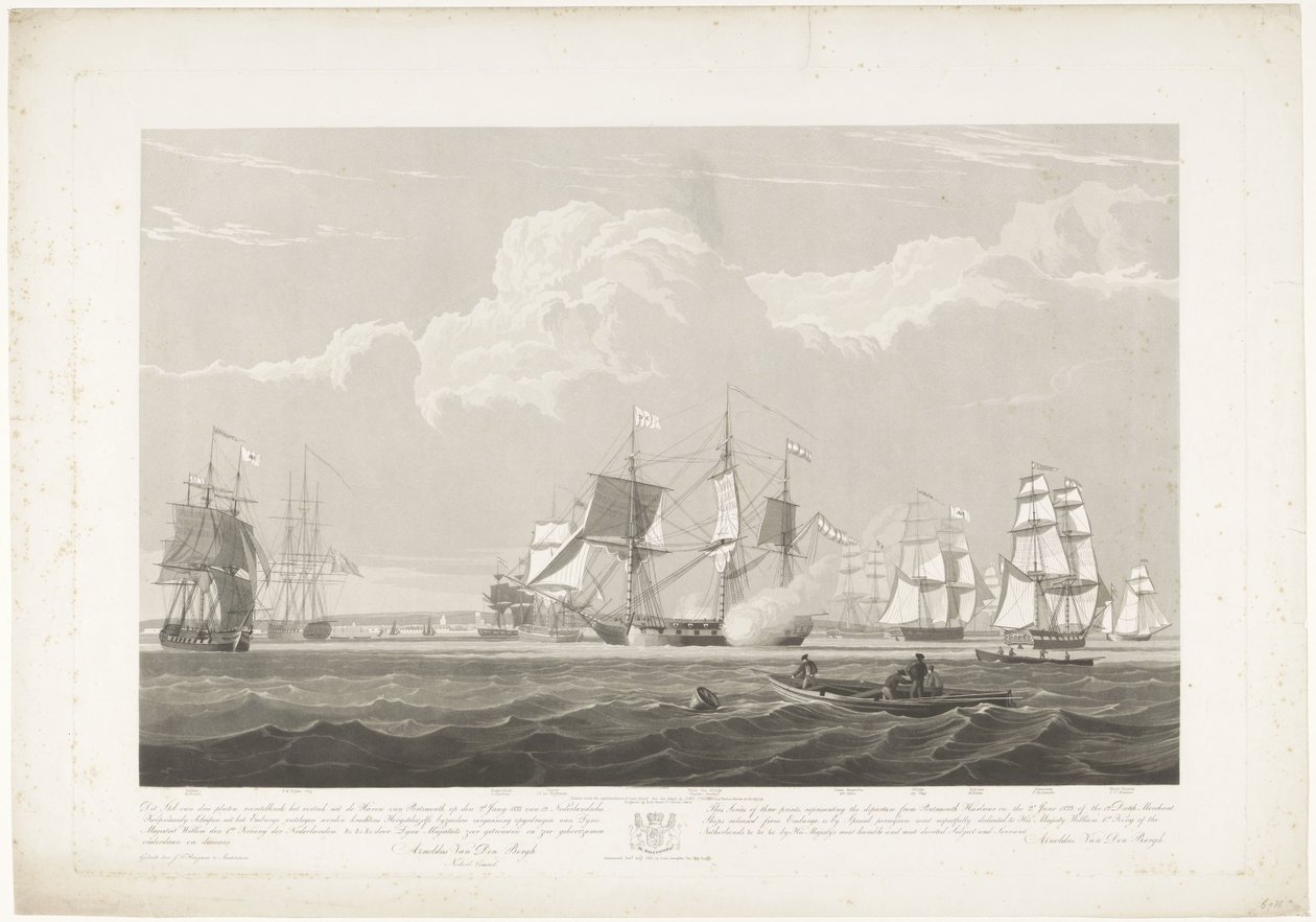 Tizenkét holland kereskedelmi hajó indulása Portsmouth kikötőjéből, 1833 (3. tábla) Ez a három lemezből álló készlet a portsmouthi kikötőből való indulást ábrázolja 1833. június 2-án, 12 Nederlandsche Koopvaardy-hajót az embargó alól. alkotó: Robert Havell (II)