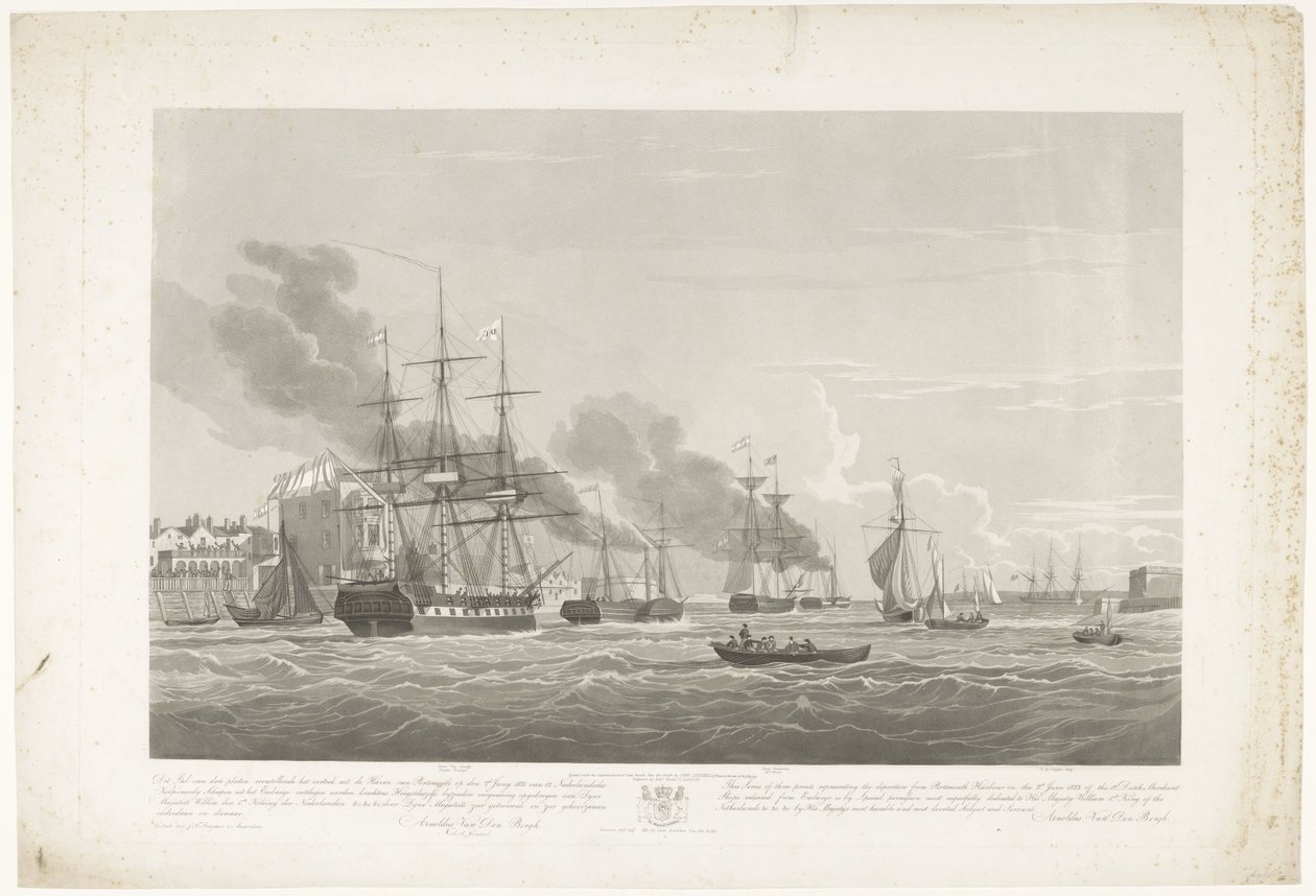 Tizenkét holland kereskedelmi hajó indulása Portsmouth kikötőjéből, 1833 (2. tábla) Ez a három lemezből álló készlet 12 Nederlandsche Koopvaardy hajónak az embargóból indulását ábrázolja Portsmouth kikötőjéből 1833. június 2-án. alkotó: Robert Havell (II)