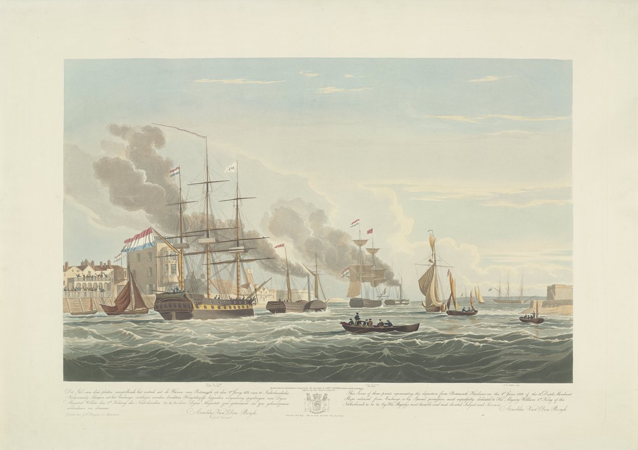 Tizenkét holland kereskedelmi hajó indulása Portsmouth kikötőjéből, 1833 (2. tábla) Ez a három lemezből álló készlet a portsmouthi kikötőből való indulást ábrázolja 1833. június 2-án, 12 Nederlandsche Koopvaardy-hajót az embargó alól. alkotó: Robert Havell (II)