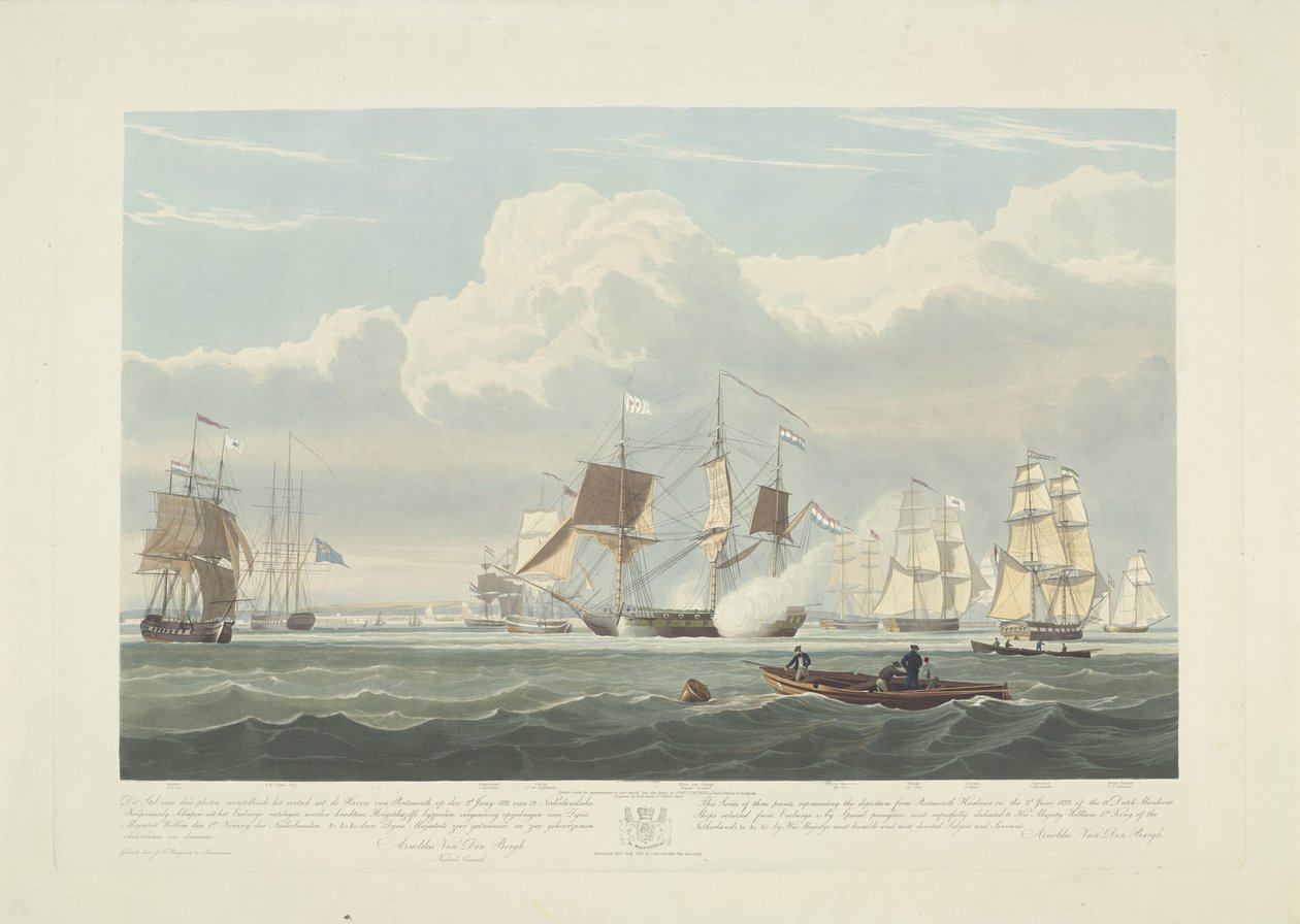Tizenkét holland kereskedelmi hajó indulása Portsmouth kikötőjéből, 1833 (3. tábla) Ez a három lemezből álló készlet a portsmouthi kikötőből való indulást ábrázolja 1833. június 2-án, 12 Nederlandsche Koopvaardy-hajót az embargó alól. alkotó: Robert Havell (II)