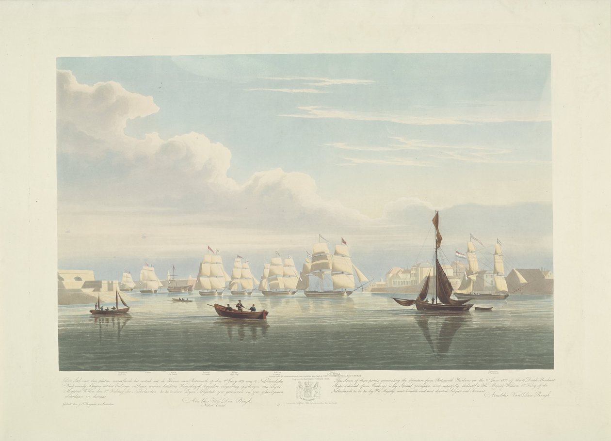 Tizenkét holland kereskedelmi hajó indulása Portsmouth kikötőjéből, 1833 (1. tábla) Ez a három lemezből álló készlet a portsmouthi kikötőből való indulást ábrázolja 1833. június 2-án, 12 Nederlandsche Koopvaardy-hajót az embargó alól. alkotó: Robert Havell (II)
