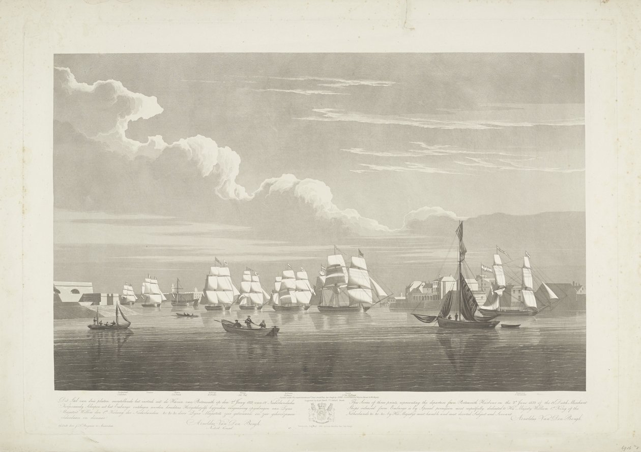 Tizenkét holland kereskedelmi hajó indulása Portsmouth kikötőjéből, 1833 (1. tábla) Ez a három lemezből álló készlet a portsmouthi kikötőből való indulást ábrázolja 1833. június 2-án, 12 Nederlandsche Koopvaardy-hajót az embargó alól. alkotó: Robert Havell (II)
