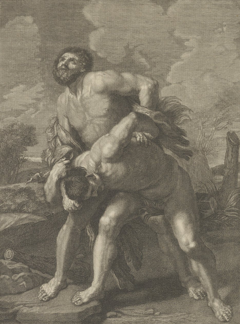 Oroszlánbőrt viselő Herkules, aki Acheloussal harcol, egy táj a háttérben, ..., kb. 1713-72. alkotó: Robert Hecquet