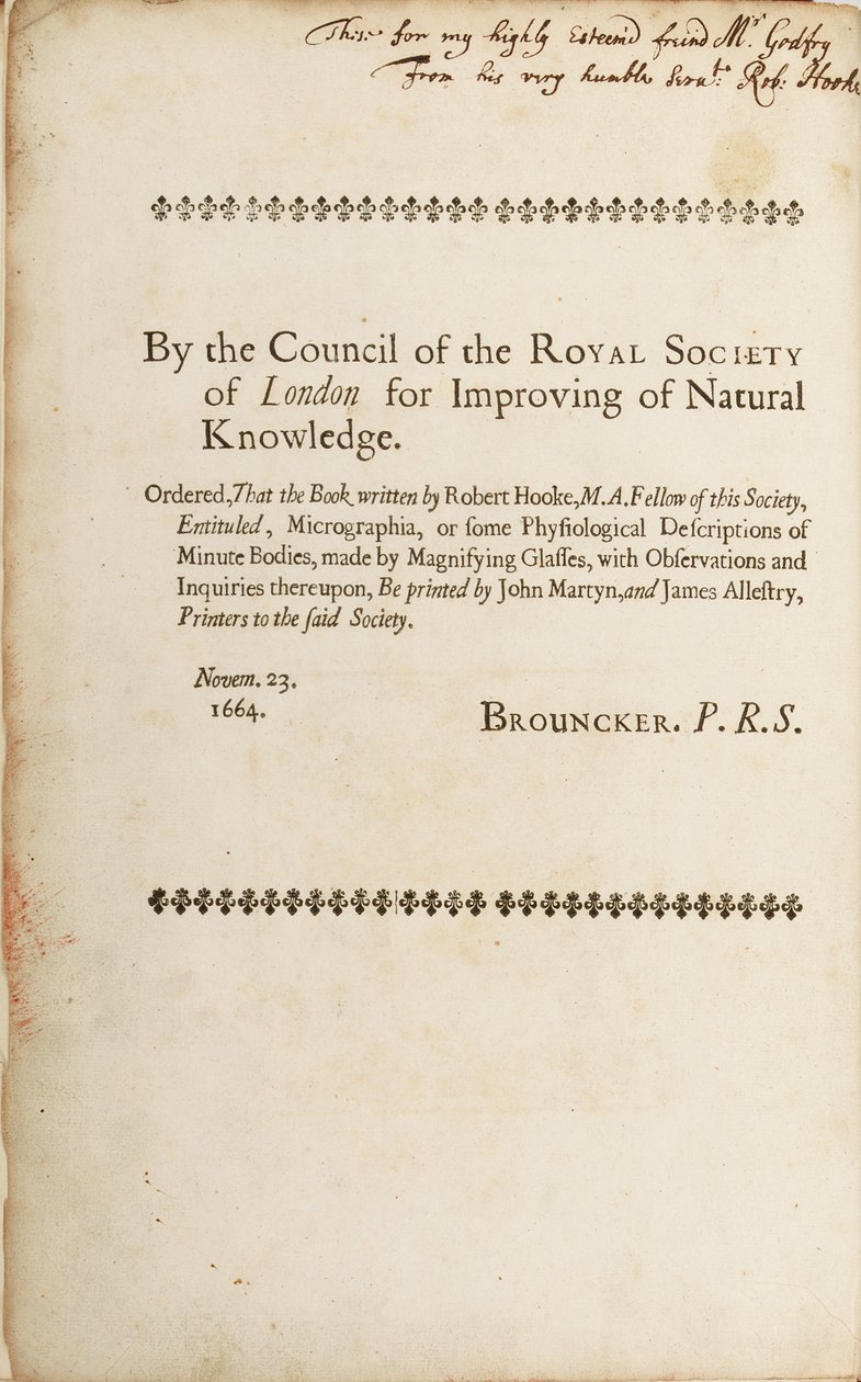 Aláírt oldal a "Micrographia: avagy néhány nagyítóval készített apró testek fiziológiai leírása", 1665. alkotó: Robert Hooke