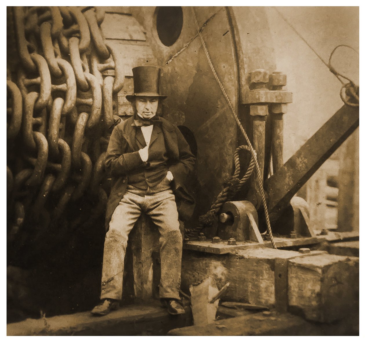 Isambard Kingdom Brunel az SS Great Eastern kilövőláncai által, 1857 alkotó: Robert Howlett