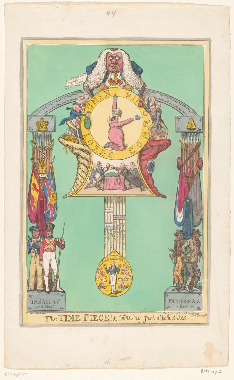 Óra a királynővel a számlapon, 1820 Az Idődarab! és ravasz Jack mindkét oldalon alkotó: Robert Isaac Cruikshank