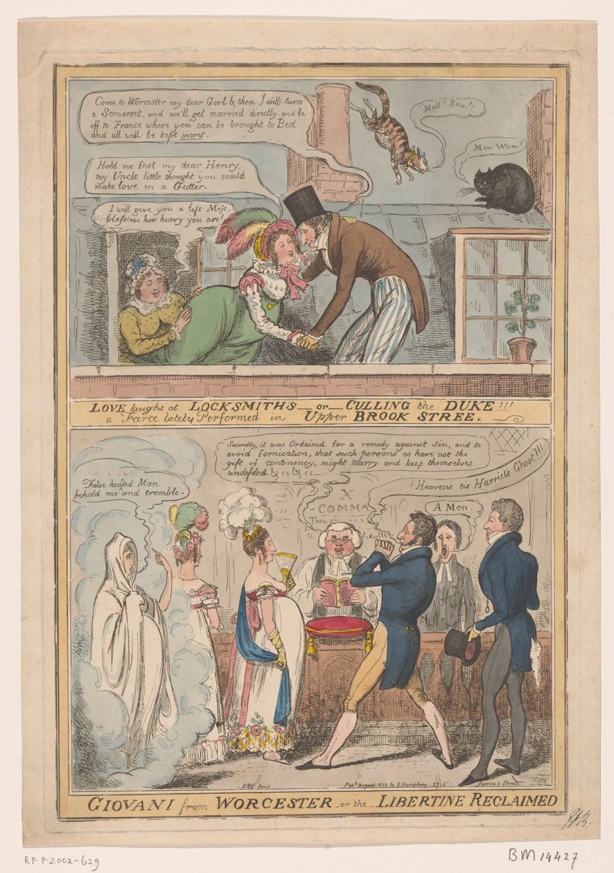 Spotprent over het huwelijk van de markies van Worcester és Anne Francis Culling Smith, 1822 A szerelem azon nevet, hogy Lakatosok -vagy- kivágják a herceget!!! egy bohózat, amelyet nemrégiben adtak elő az Upper Brook Street-ben / Giovani Worcesterből -vag alkotó: Robert Isaac Cruikshank