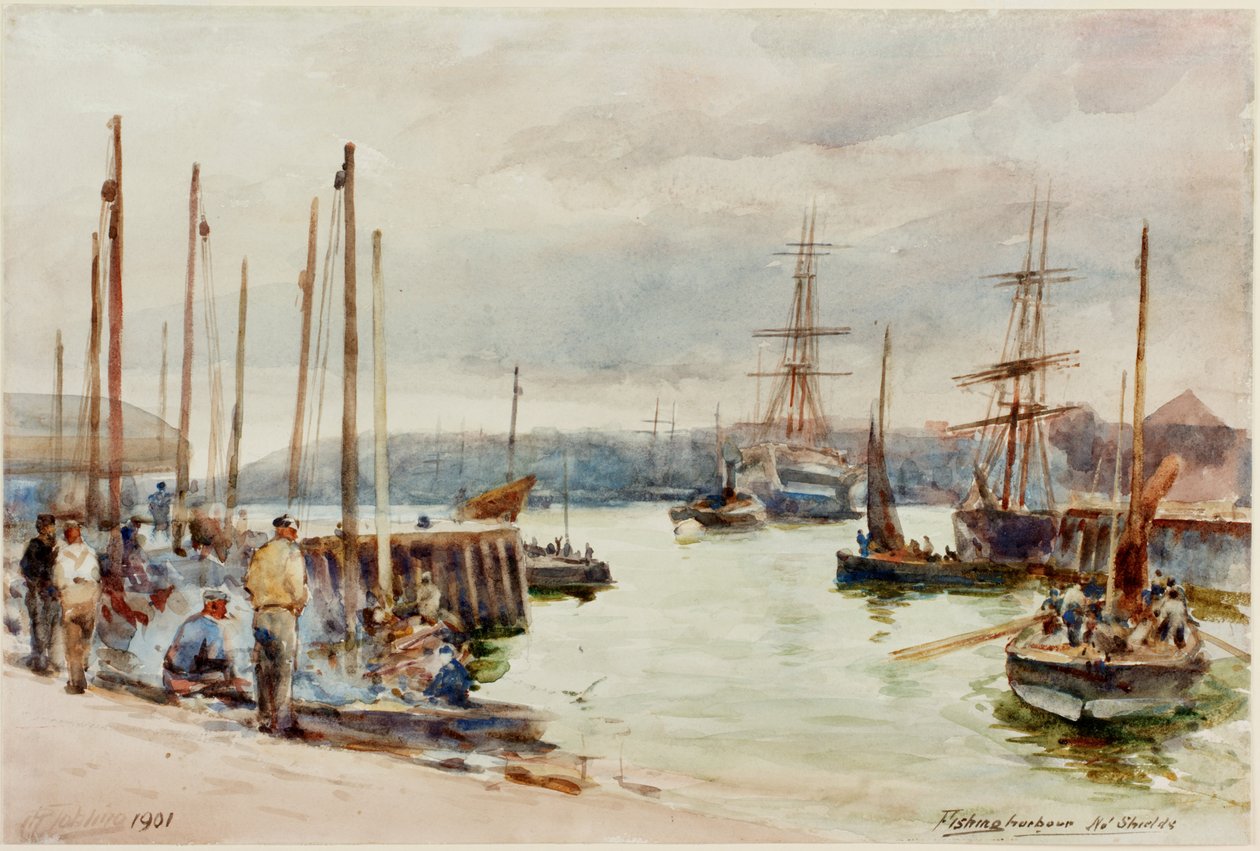 Fishing Harbour, North Shields (ceruza és akvarell papíron) alkotó: Robert Jobling