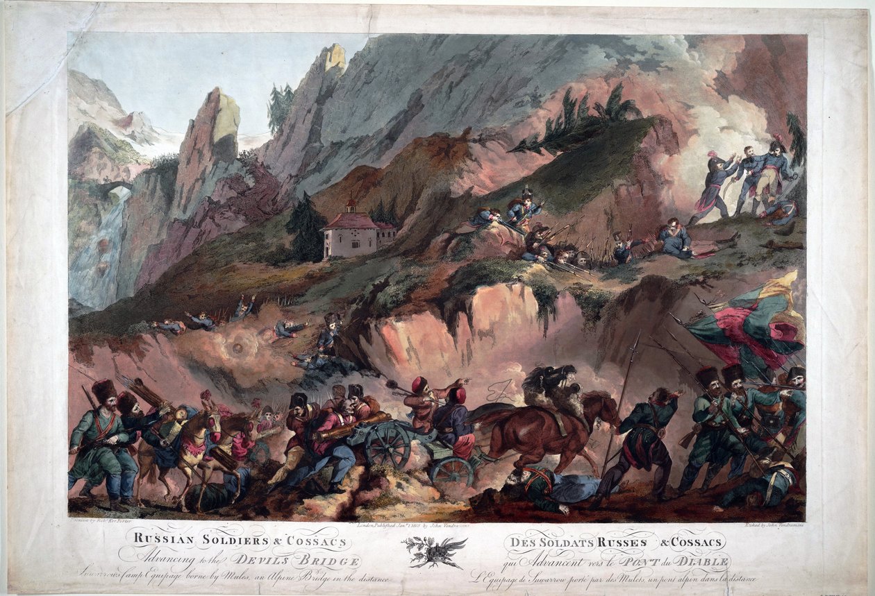 1799-ben Napóleon csapatai az Ördög hídon harcoltak az oroszok ellen, Szouvarov tábornok parancsnoksága alatt - Orosz hadsereg 1799-ben átkelt az Ördöghídon - Porter, Robert Carr (1777-1842) - 1804 - Aquatint - 63x91,3 -Magángyűjtemény alkotó: Robert Kerr Porter