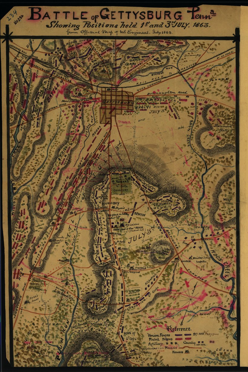Gettysburgi csata, Penna. Az 1863. július 1-jén és 3-án elfoglalt pozíciókat mutatja. LOC gvhs01.vhs00265 alkotó: Robert Knox Sneden