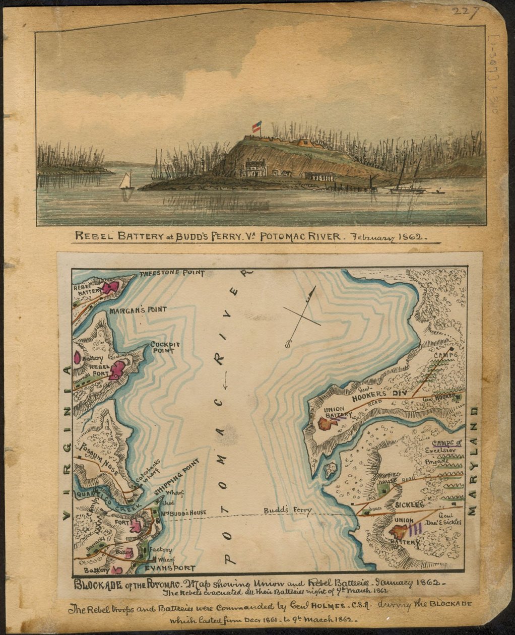 A Potomac blokádja. Az Unió és a lázadók ütegeit ábrázoló térkép 1862 januárja. A lázadók 1862. március 4-én éjjel kiürítették az összes ütegüket. LOC gvhs01.vhs00066 alkotó: Robert Knox Sneden