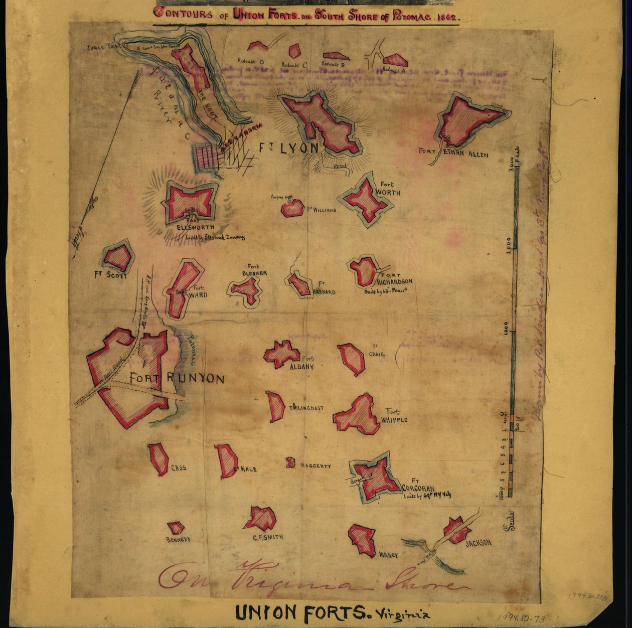Az uniós erődök körvonalai a Potomac déli oldalán, 1862 (térkép). LOC gvhs01.vhs00242 alkotó: Robert Knox Sneden
