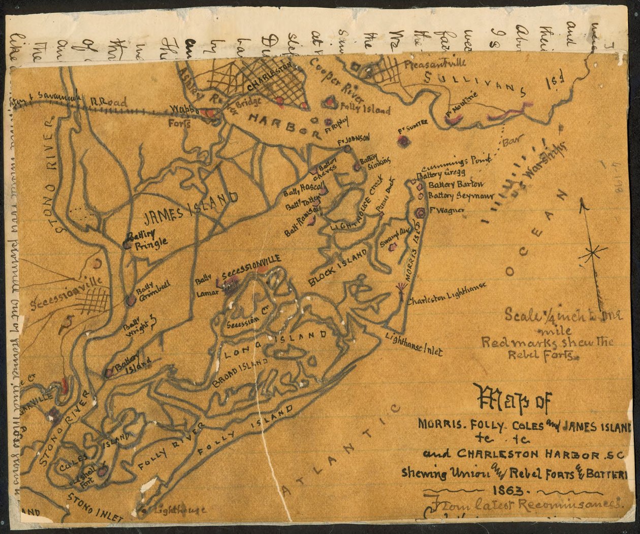 Morris, Folly, Coles és James sziget(ek) stb., valamint Charleston Harbor S.C. térképe, melyen (sic) az Unió és a lázadók erődjei és ütegei láthatók, 1864. LOC gvhs01.vhs00184 alkotó: Robert Knox Sneden