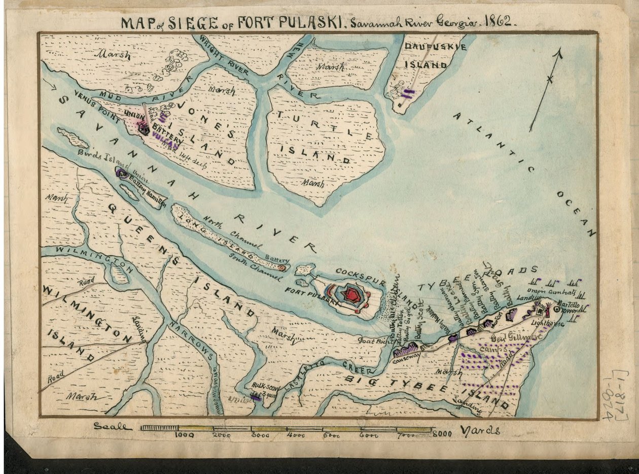 A Pulaski erőd ostromának térképe - Savannah River Georgia. 1862. LOC gvhs01.vhs00085 alkotó: Robert Knox Sneden