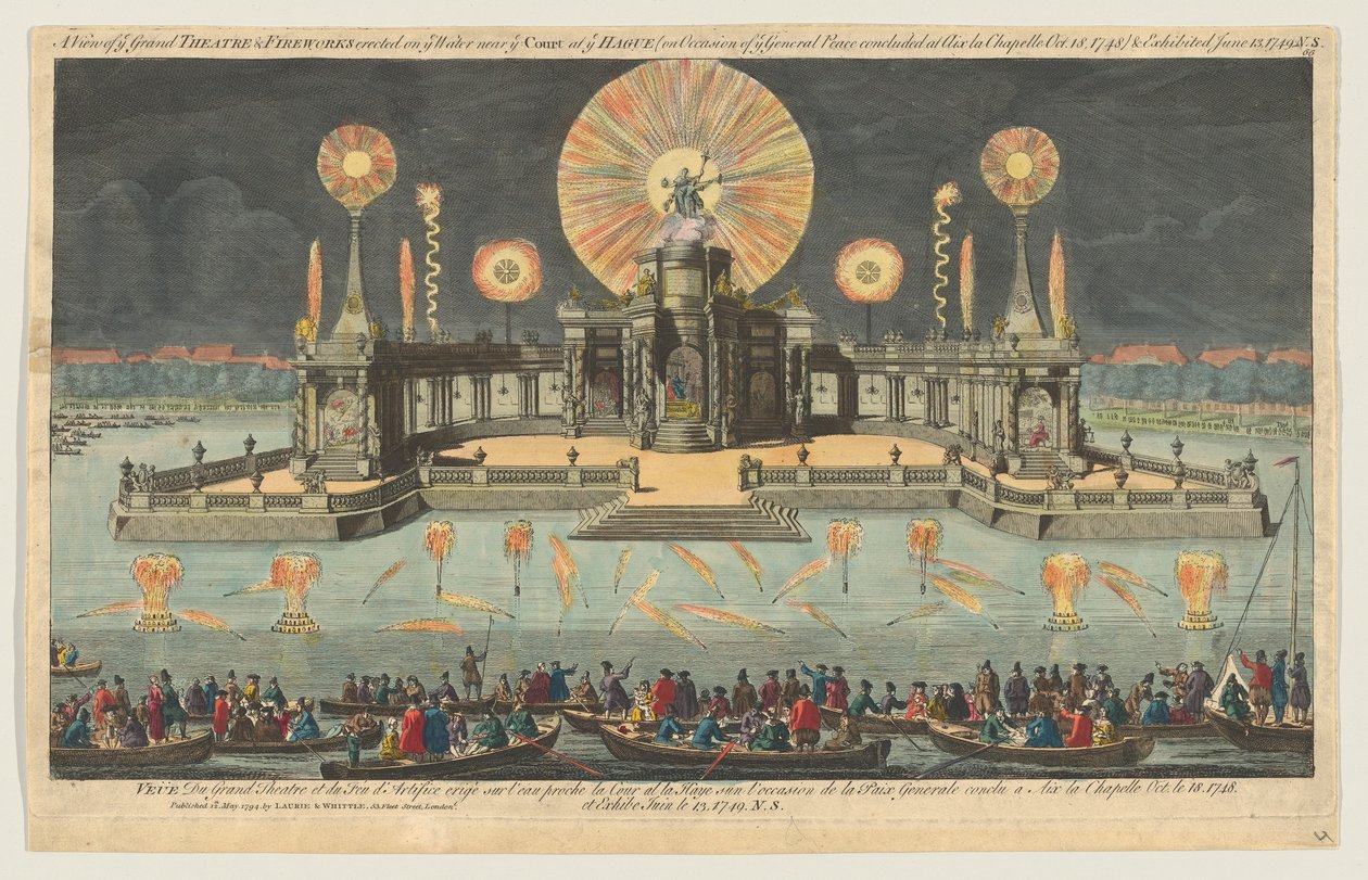 Kilátás a nagyszínházra és tűzijáték, amelyet a vízen állítottak fel a hágai udvar közelében, 1794-ben. alkotó: Robert Laurie