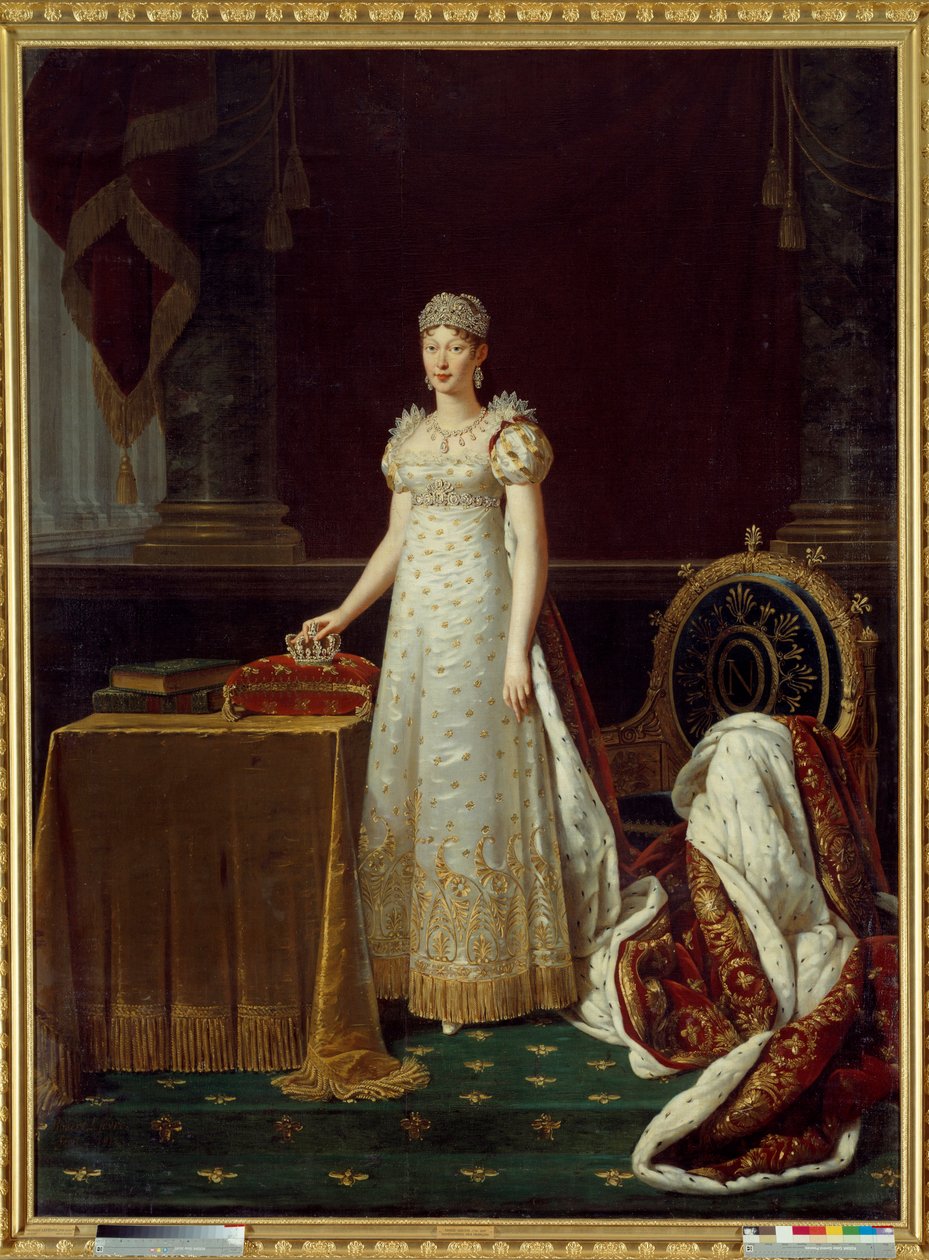 Az osztrák Marie Louise (Marie-Louise) (1791-1847), I. Napóleon feleségének portréja, aki a Birodalom Regente-jét képviselte, és a Napóleon által 1812-ben adományozott Chaumet gyémántkészletet visel - Mögötte egy empire stílusú fotel díszített. Napóleon „N alkotó: Robert Lefevre