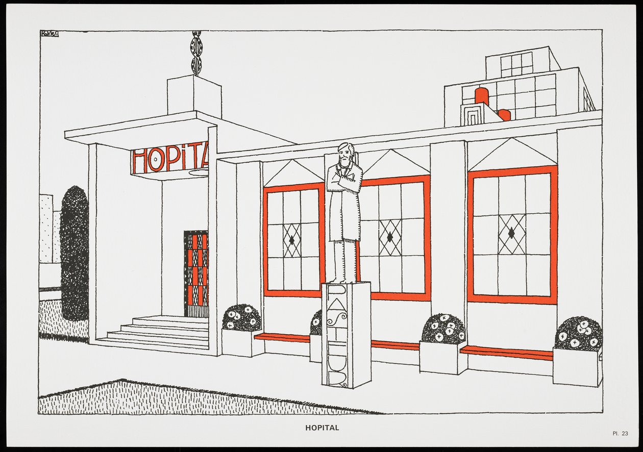 Kórház, az Une Cite Moderne című kötetből, Rob Mallet-Stevens építész rajzai, 1987 alkotó: Robert Mallet Stevens