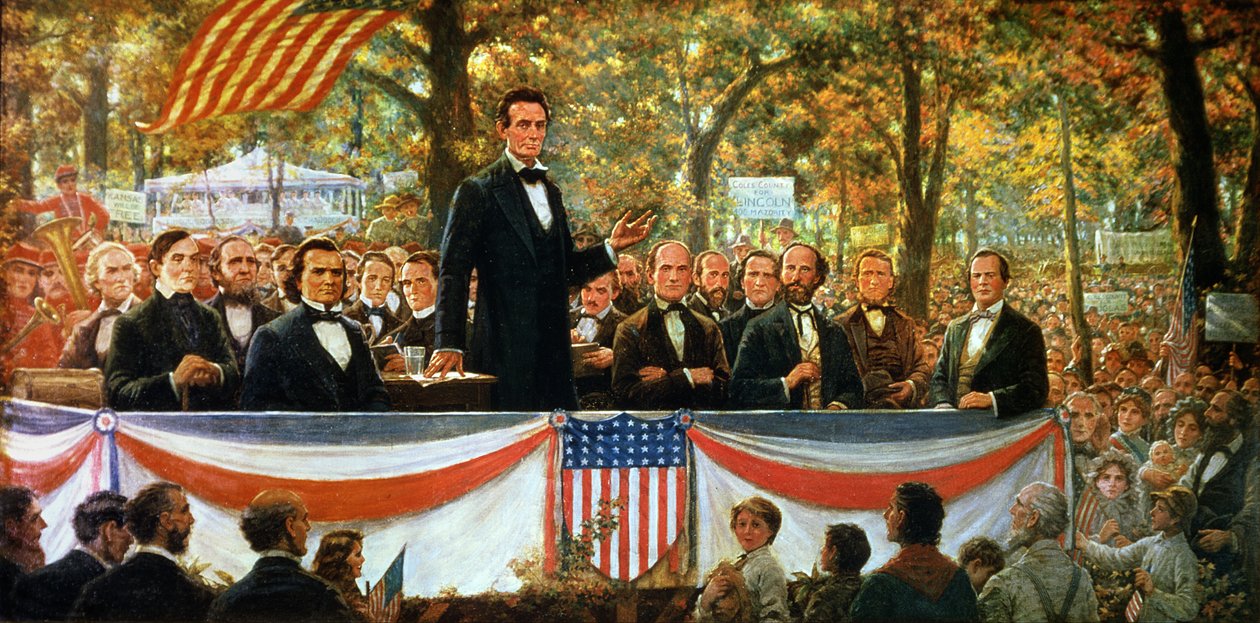 Abraham Lincoln és Stephen A. Douglas 1858. szeptember 18-án vitázik az illinoisi Charlestonban alkotó: Robert Marshall Root
