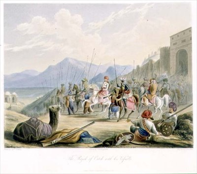 Cutch Rajah, Desal II (1819-60) vazallusaival, a „India táj, jelmezek és építészet” I. kötetéből, R.G. metszet. Reeve (fl. 1811-37) és színezte: J. B. Hogarth, pub. írta Ackermann alkotó: Robert Melville (after) Grindlay