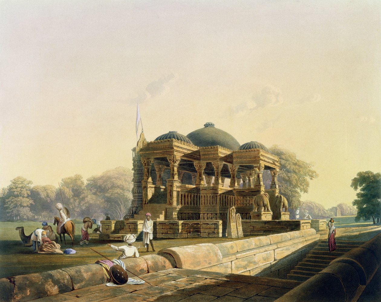 Ősi templom Hulwudban, a "Scenery, Costumes and Architecture of India" I. kötetéből, F. Witherington festette, G. Hunt metszet és színezte J. B. Hogarth, pub. Írta: Ackermann, 1826 (aquatin alkotó: Robert Melville Grindlay