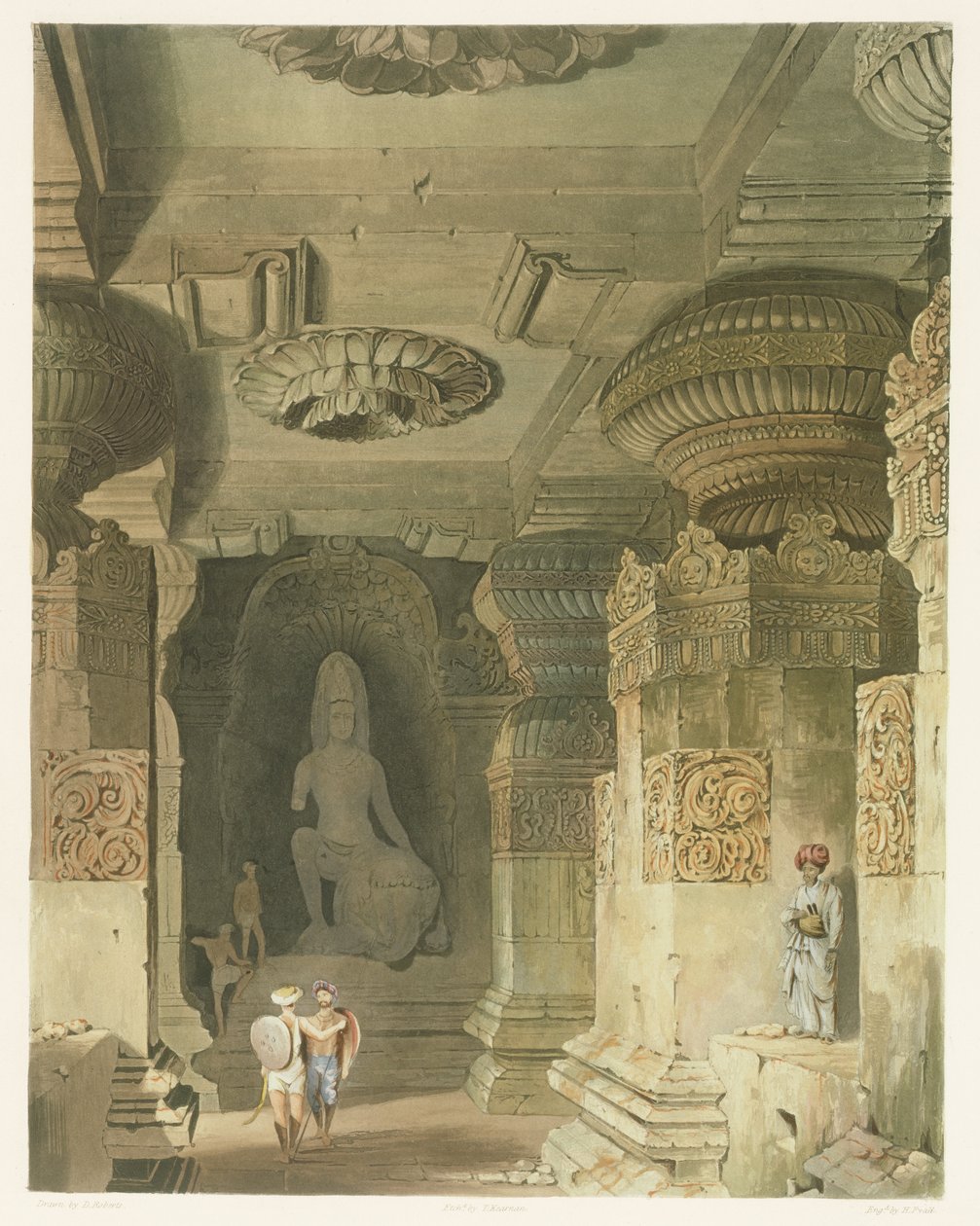 Indra Subba barlangtemplomának belseje Ellorában, az Indiai táj, jelmezek és építészet II. kötetéből, David Roberts (1796-1864) rajza, Thomas Kearnan (fl.1821-50) metszet és metszet alkotó: Robert Melville Grindlay
