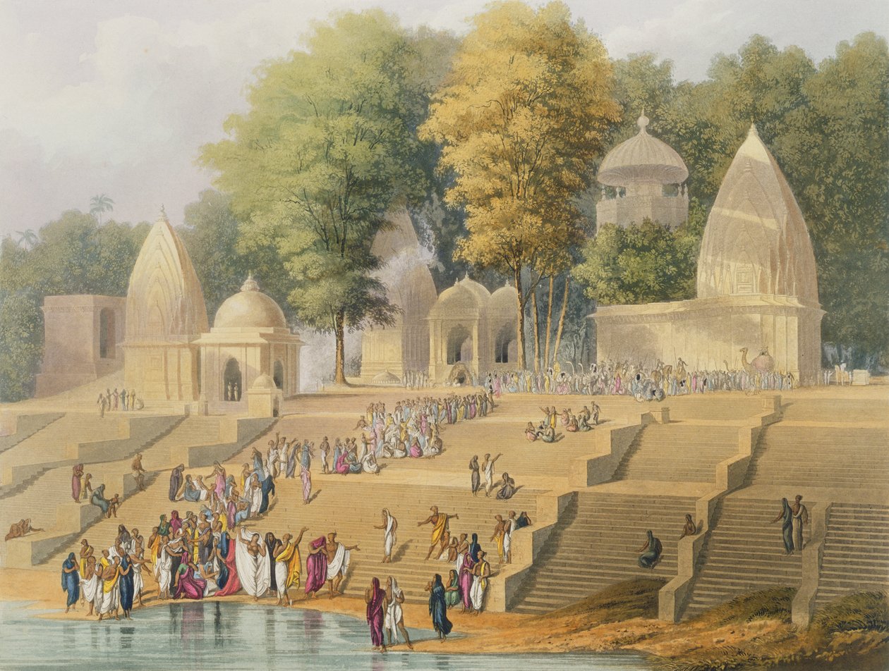 Előkészület egy suttee-ra vagy egy hindu özvegy feláldozására, a „Scenery, Costumes and Architecture of India” I. kötetéből, J. Willis és H. Melville metszet, R.G. Reeve, kocsma. írta Smith alkotó: Robert Melville Grindlay