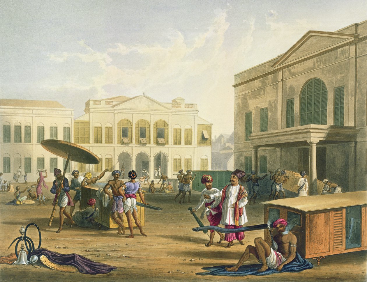 Bombay-i jelenet a „Scenery, Costumes and Architecture of India” I. kötetéből, R.G. metszet. Reeve (fl. 1811-37) és színezte: J. B. Hogarth, pub. Írta: Ackermann, 1826 (akvatinta) alkotó: Robert Melville Grindlay