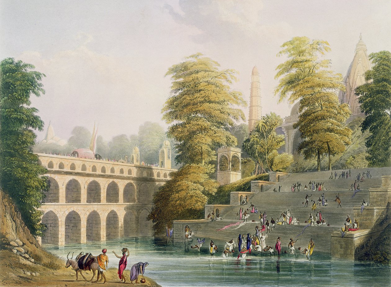 Kilátás a guzerati Baroda melletti hídra, a „Scenery, Costumes and Architecture of India” II. kötetéből, J. Willis és H. Melville metszet, Charles Bentley (1806-54) pub. szerző: Smith, El alkotó: Robert Melville Grindlay