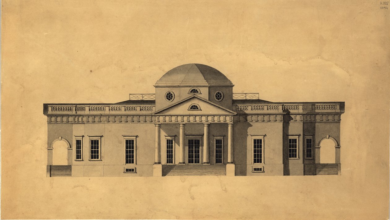 Monticello: 2. változat nyugati emelkedés, recto, 1803 toll és tinta wc-vel, papíron alkotó: Robert Mills