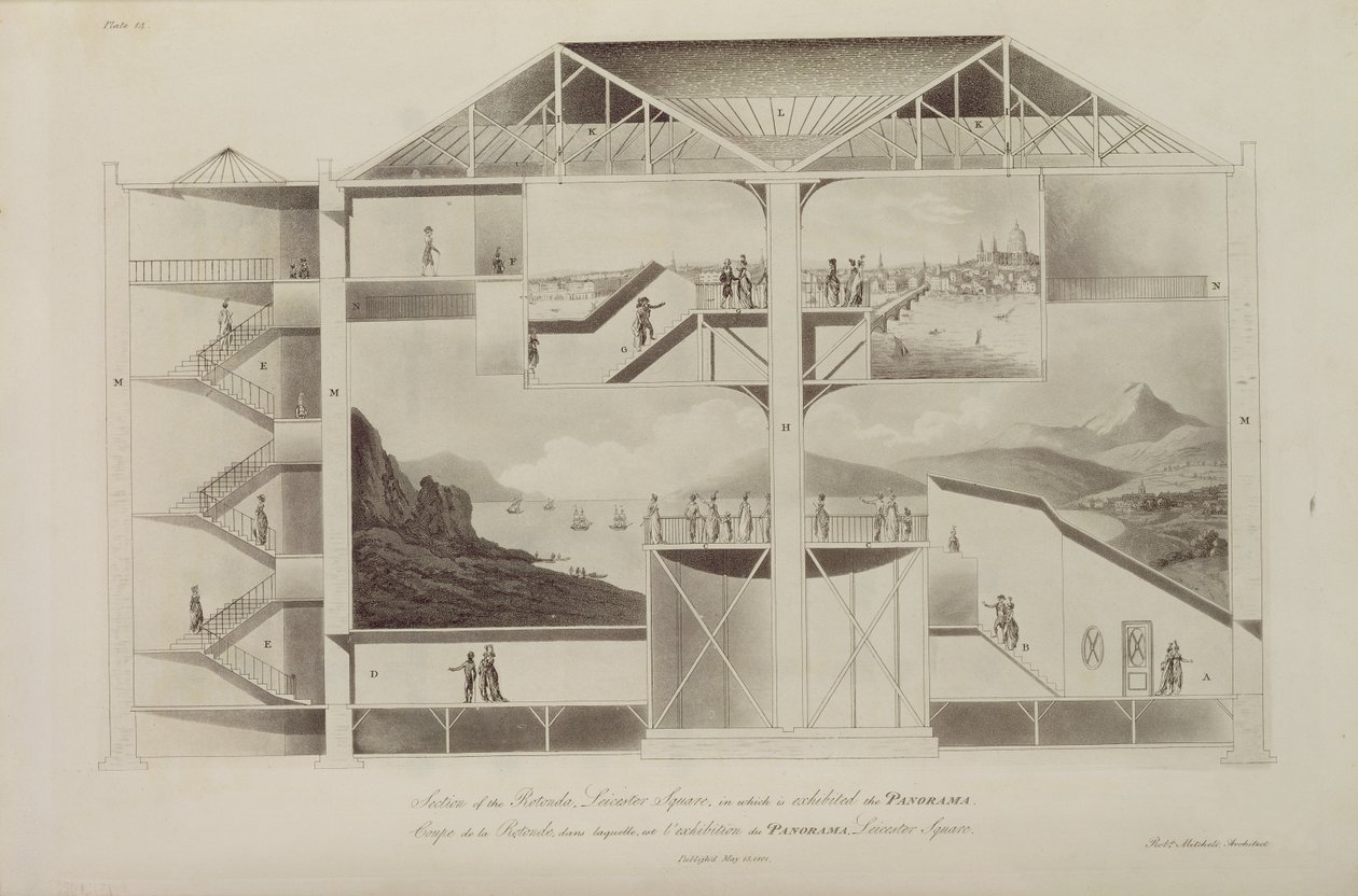 A Rotunda szakasza, Leicester Square, "Plans and Views in Perspective... of Buildings in England", 1801 (akvatinta) alkotó: Robert Mitchell