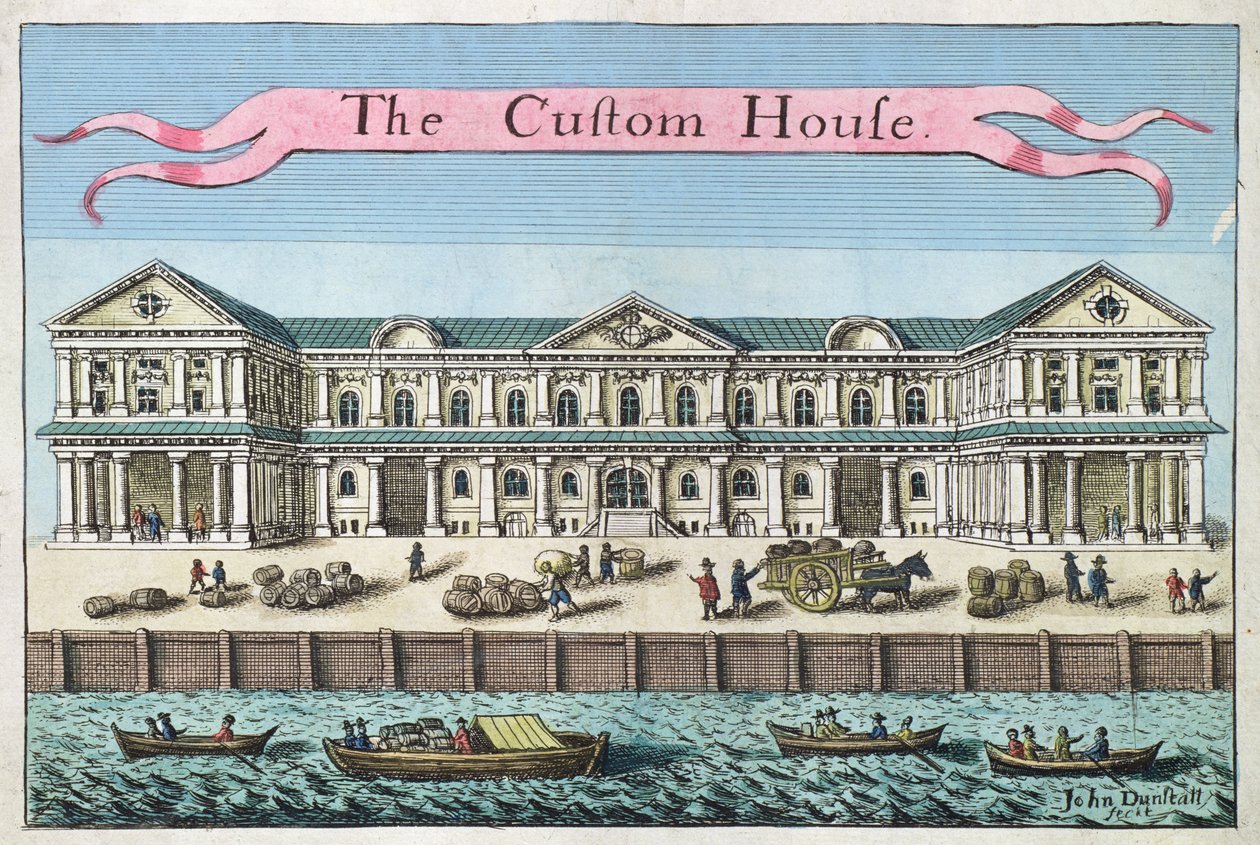 Vámház, a "A Book of the Prospects of the Remarkable Places in and about the City of London" című könyvből, 1700 körül. alkotó: Robert Morden