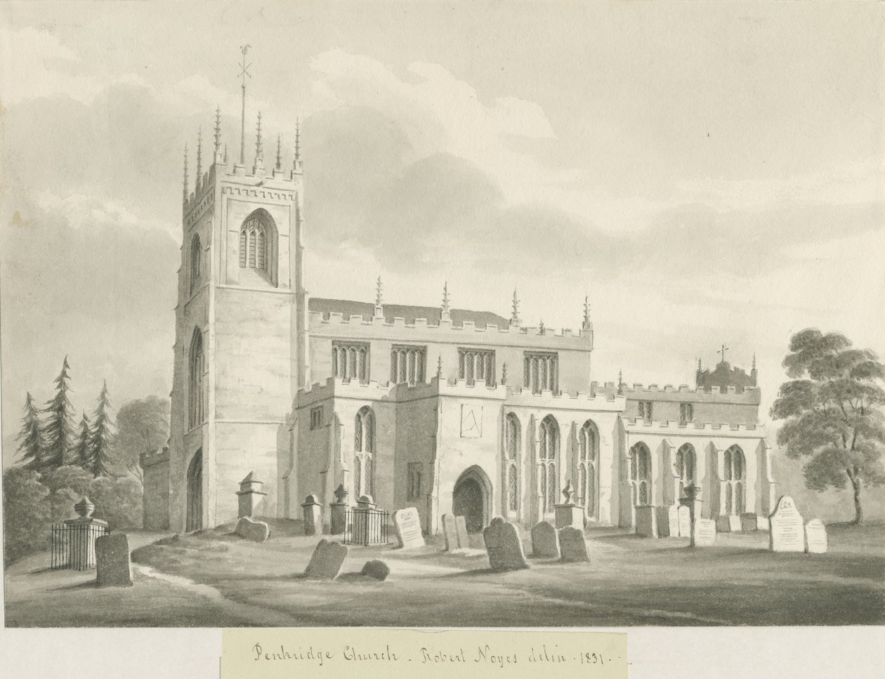 Penkridge templom: szépia mosás rajza, 1831 alkotó: Robert Noyes