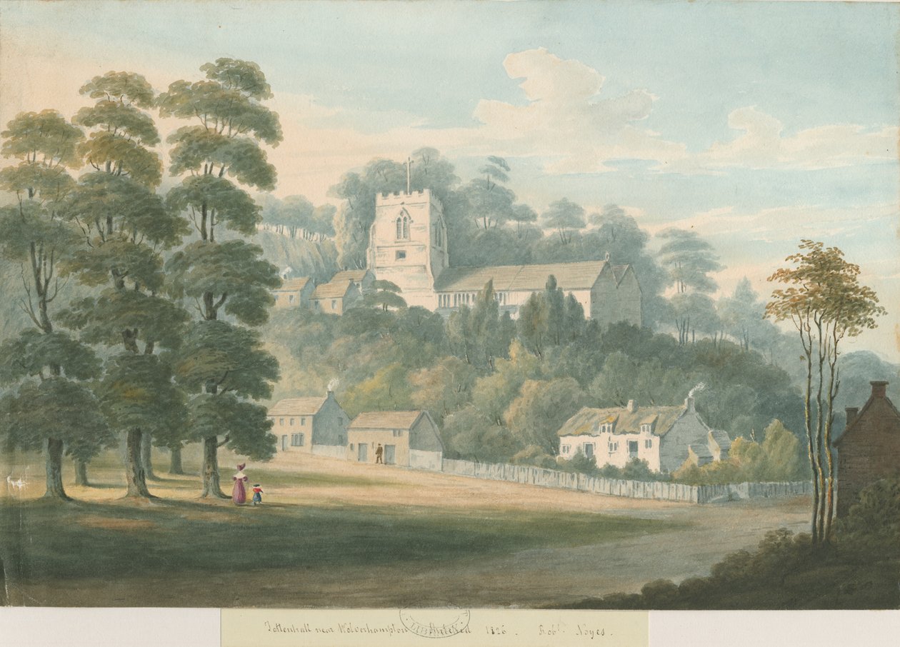 Tettenhall templom és falu: akvarell festmény, 1826 alkotó: Robert Noyes