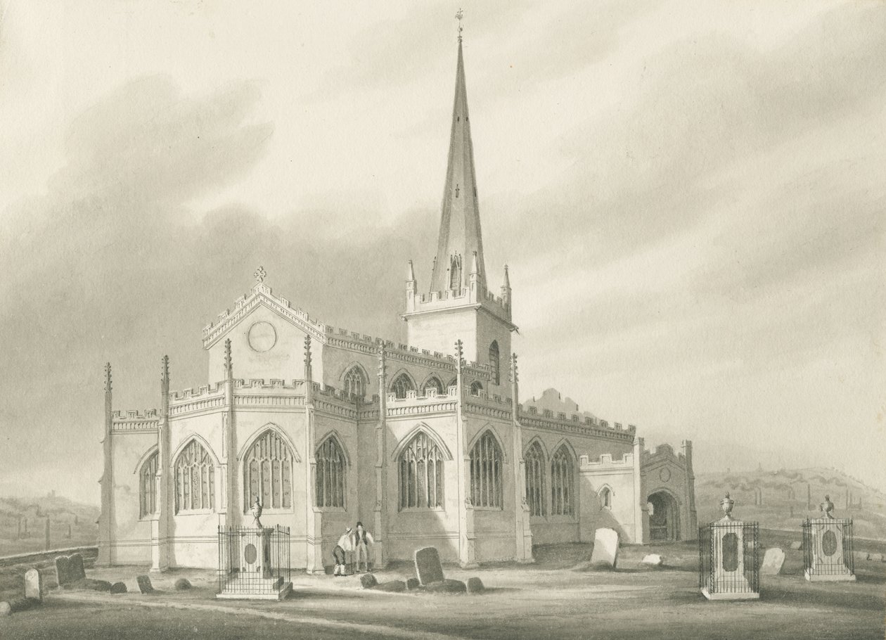 Wednesbury - Szent Bertalan templom: szépia mosás rajz, nd [1827] (rajz) alkotó: Robert Noyes