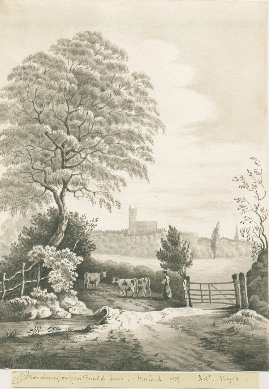 Wolverhampton - Távoli kilátás a Dunstall Lane-ről: szépia mosás rajz, 1837 alkotó: Robert Noyes