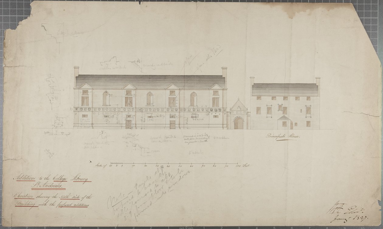 Az Egyetemi Könyvtár építészeti rajza, 1827 (ceruza és WC papíron) alkotó: Robert Payton Reid
