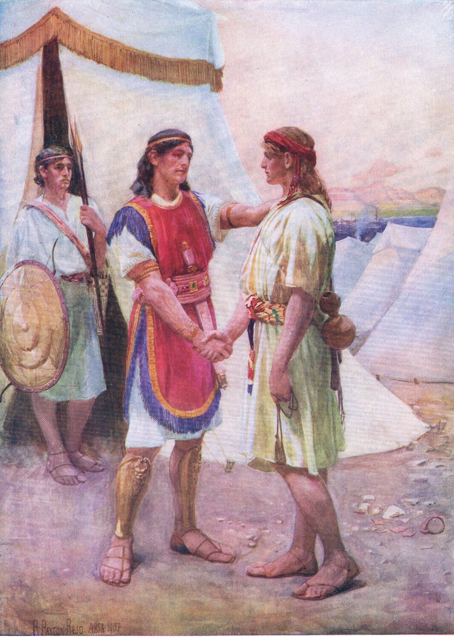 David és Jonathan, a Thomas Nelson által kiadott Biblia Képeskönyvből, 1950 körül (litho) alkotó: Robert Payton Reid