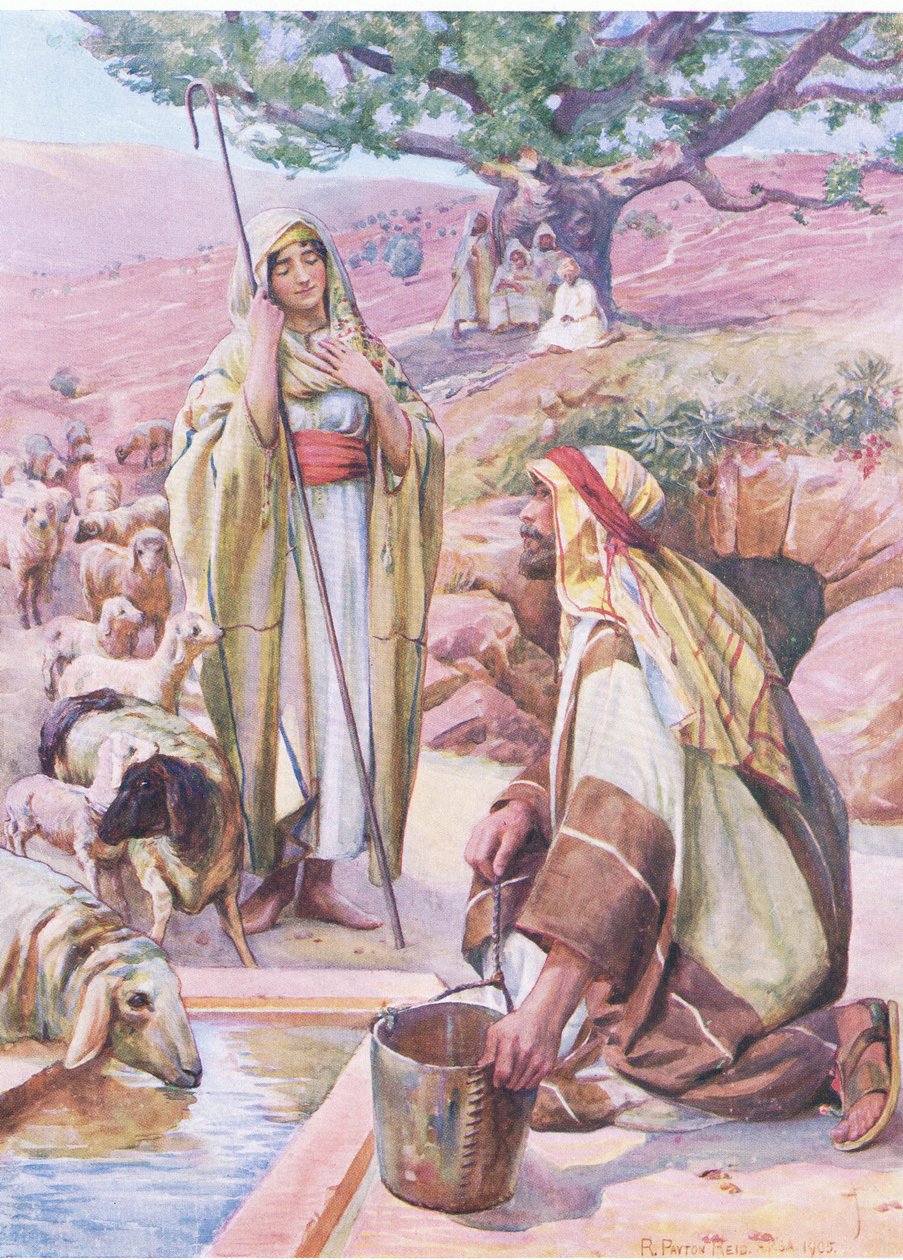 Rachel a kútnál, a Thomas Nelson által kiadott Biblia Képeskönyvből, 1950 körül alkotó: Robert Payton Reid