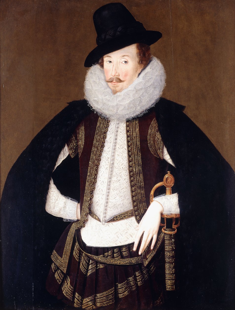 Sir Charles Cornwallis portréja, prémes fekete köpenyben, fehér dupla és barna, arany hímzésű mellényben, alkotó: Robert Peake