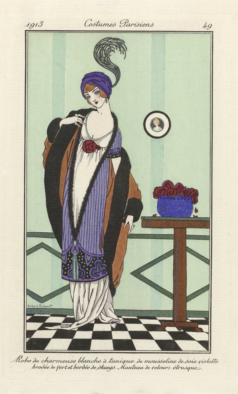 Fehér charmeuse ruha lila selyem sifon tunikával, zölddel hímzett skungokkal. Etruszk bársonykabát, a Costumes Parisiens-től, 1913. évi pub. (stencilnyomat) alkotó: Robert Pichenot