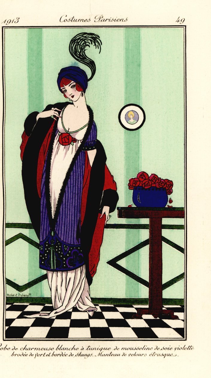 Nő fehér, charmeuse szatén köntösben, lila sifon tunikában, skunk bundával, etruszk bársony köpennyel. Fehér charmeuse ruha lila selyem muszlin tunikával, zölddel hímzett, szegélyezett skungokkal, etruszk bársonyköpennyel. Kézi színű alkotó: Robert Pichenot